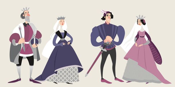 La familia real. Edad Media. Divertidos personajes de dibujos animados en trajes históricos
 - Vector, Imagen