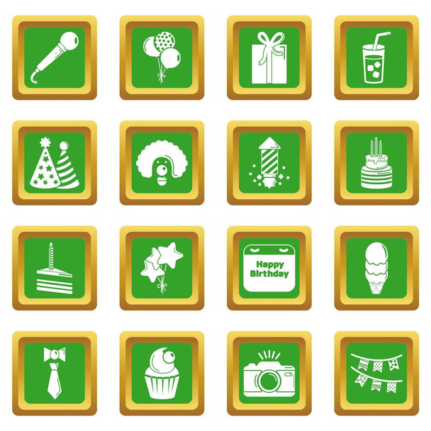 Happy birthday icons set green square vector - Вектор,изображение