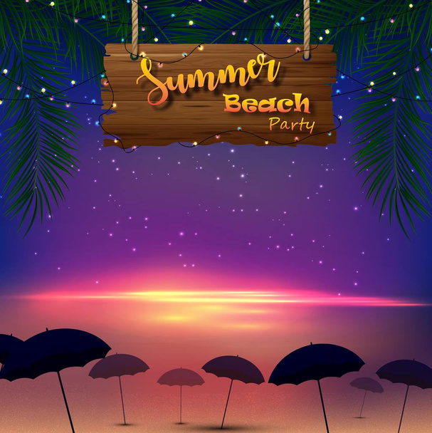 Illustrazione vettoriale di Summer beach party. Palme tropicali con cartello in legno e tanti ombrelloni in spiaggia
 - Vettoriali, immagini
