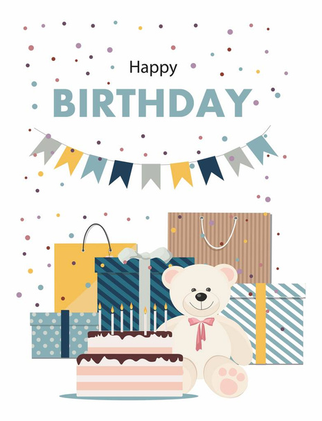 Κάρτα γενεθλίων με αρκουδάκι, κέικ, δώρα και απομονωμένη σε λευκό φόντο κομφετί - Διάνυσμα, εικόνα