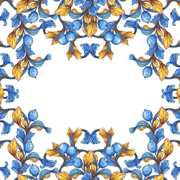 Квіткова рамка кордону. Шпалери бароковий акварель. Синьо-білий орнамент. Ручна ілюстрація малюнка
. - Фото, зображення