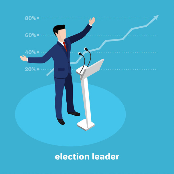 politicamente o líder no rostrum, o candidato principal na eleição em um fundo azul
 - Vetor, Imagem