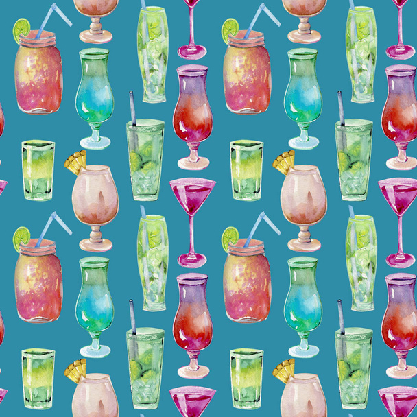 Watercolor cocktails seamless pattern, hand painted on a blue background - Fotoğraf, Görsel