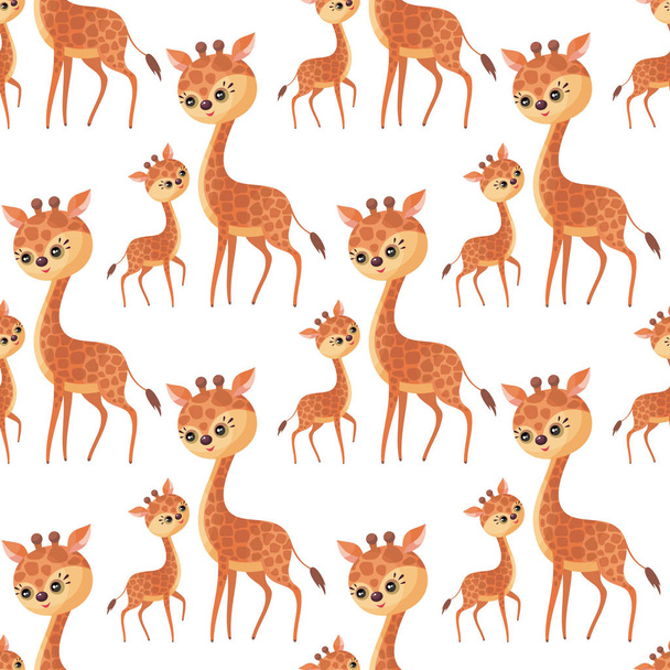 Giraffe family. Seamless pattern with cute animals and their cubs. Colorful vector background in cartoon style. - Wektor, obraz