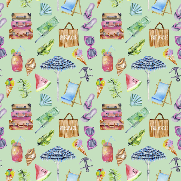 Summer, sea, beach watercolor elements seamless pattern, hand painted on a green background - Фото, зображення
