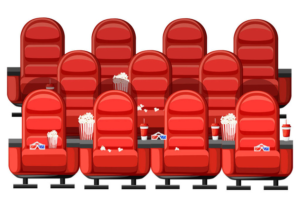 Κινηματογράφος έννοια. Αμφιθέατρο και τρεις σειρές από κόκκινα άνετες πολυθρόνες στο σινεμά. Ποτά και ποπ κορν, γυαλιά για ταινία. Εικονογράφηση διάνυσμα σε άσπρο φόντο. Σελίδα τοποθεσίας Web και mobile εφαρμογών - Διάνυσμα, εικόνα