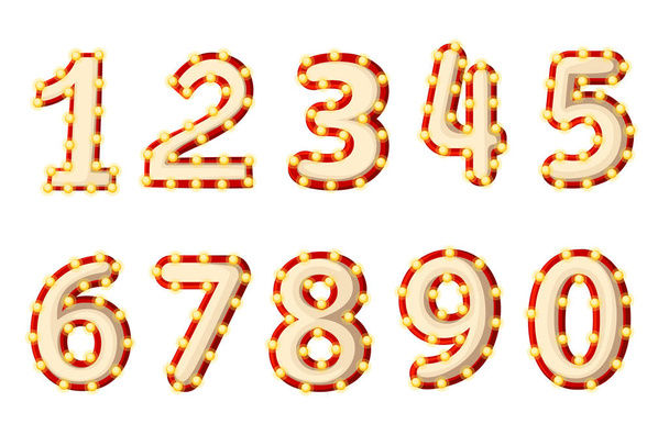 Conjunto de números retro iluminados. Diseño de estilo de dibujos animados. Bombillas amarillas y trazo rojo. Ilustración vectorial aislada sobre fondo blanco. Página del sitio web y diseño de aplicaciones móviles
 - Vector, Imagen