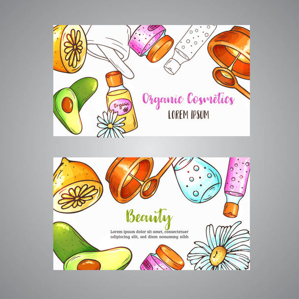 Organic cosmetics card. Hand drawn spa and aromatherapy elements. Cartoon vector sketch of natural cosmetic. Spa Club Banners - ベクター画像