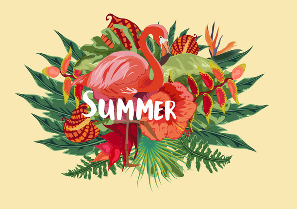 Καλοκαίρι τροπικό σχέδιο για banner ή Φέιγ βολάν με εξωτικούς φύλλα, άνθη ιβίσκου και φλαμίνγκο - Διάνυσμα, εικόνα