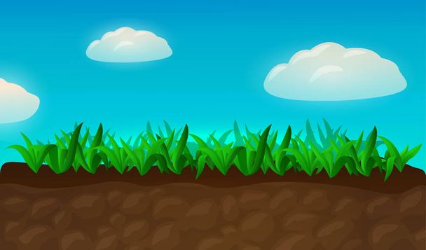 Cartoon green fresh grass on the ground with sky and beautiful clouds - Vector, Image