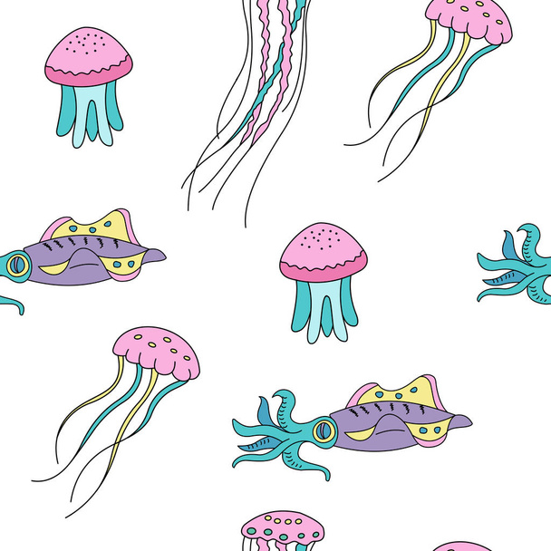 Jellyfish and squid. Seamless pattern. - Vektor, Bild
