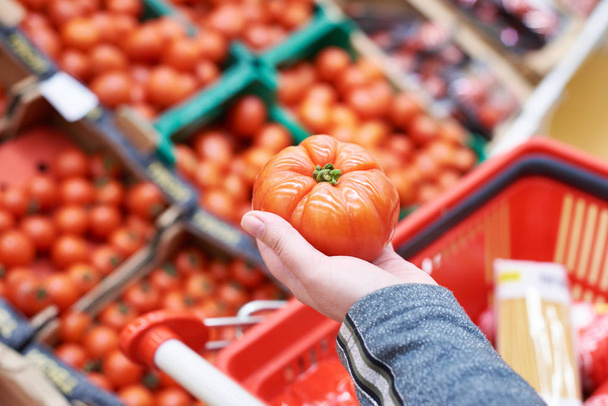 Tomato in hand of buyer at grocery store - Фото, изображение