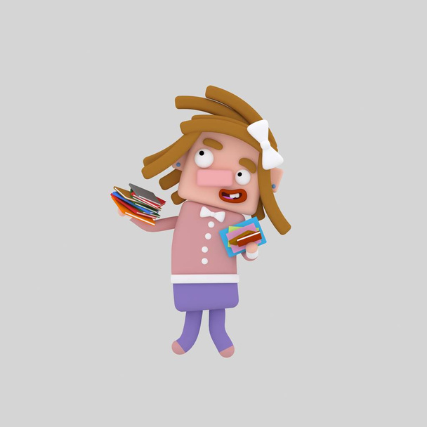 Студентська дівчина тримає багато книжок. 3d ілюстрація
.  - Фото, зображення