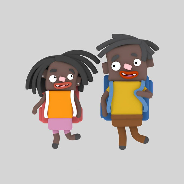 Schwarze Kinder, die zur Schule gehen. 3D-Illustration.  - Foto, Bild