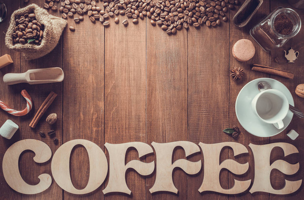 cup of coffee and letters on wood - Fotó, kép