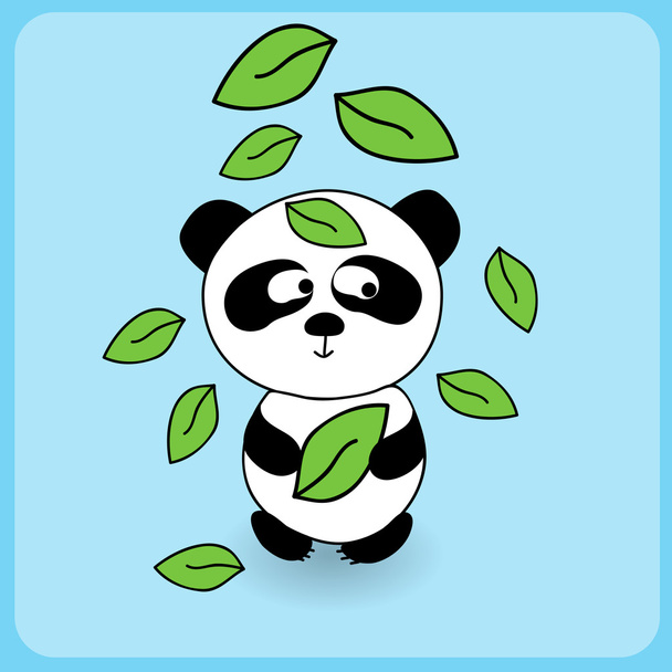Ilustración de lindo panda de dibujos animados con hojas que caen
 - Vector, imagen