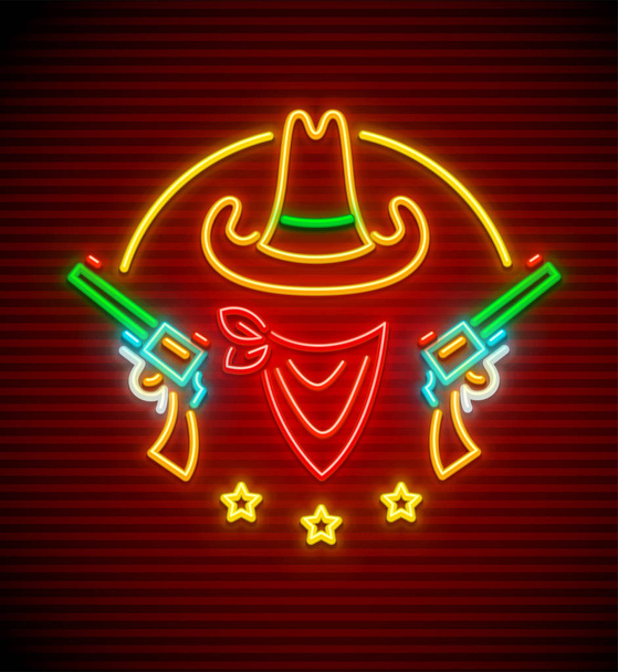 Teksaslı batı kovboy şapkası ile silah neon tabela - Vektör, Görsel