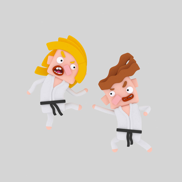 Karate pratik çocuklar. 3D çizim - Fotoğraf, Görsel