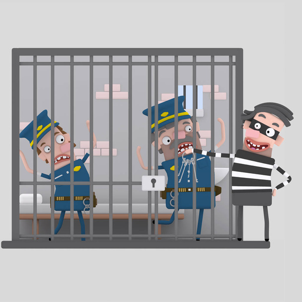 Ladrón burlándose de policías arrestados. ilustración 3d
 - Foto, Imagen
