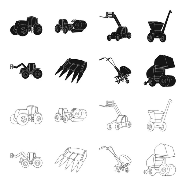 Motoblock en andere agrarische apparaten. Landbouwmachines instellen collectie iconen in zwart, overzicht stijl vector symbool stock illustratie web. - Vector, afbeelding