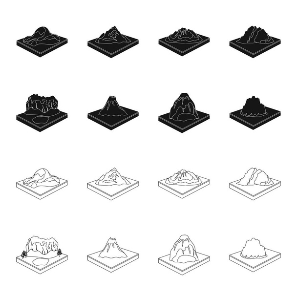 Mountains, rocks and landscape. Relief and mountains set collection icons in black,outline style isometric vector symbol stock illustration web. - Вектор,изображение