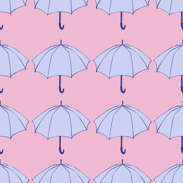 Seamless pattern with doodle umbrellas. For fabric, textile, wallpaper, wrapping paper. Vector Illustration. Hand drawn sketch. Blue elements on pink background.  - Vektor, obrázek