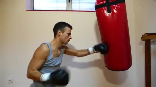 Mocny młody bokser uderzanie worek bokserski - Materiał filmowy, wideo