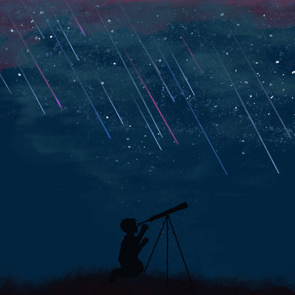 Profil eines Jungen, der nachts auf ein Teleskop blickt / Profil eines Jungen, der nachts auf einem Feld am Sternenhimmel auf ein Teleskop blickt - Foto, Bild