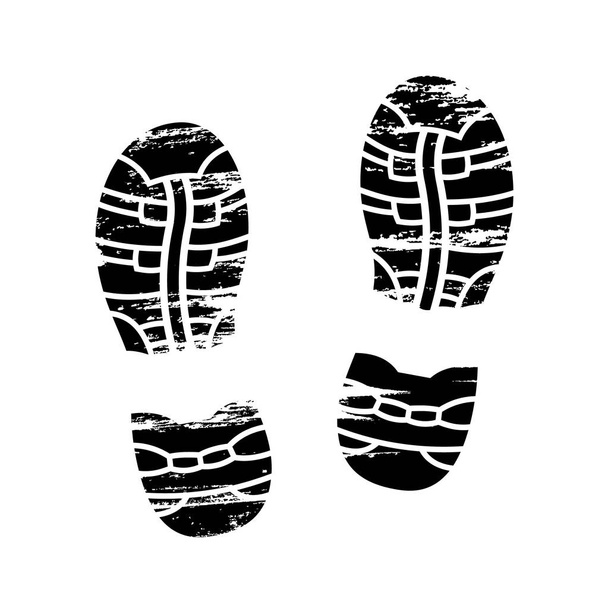 Αποτυπώματα και shoeprints εικόνες σε μαύρο και άσπρο δείχνουν γυμνά πόδια και το αποτύπωμα από τα πέλματα με τα διαφορετικά πρότυπα των αρσενικών και θηλυκών υποδημάτων με παπούτσια Μπότες - Διάνυσμα, εικόνα