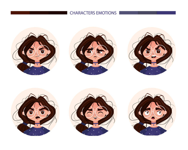 Charakter Emotionen Avatar süße Mädchen Brünette - Vektor, Bild
