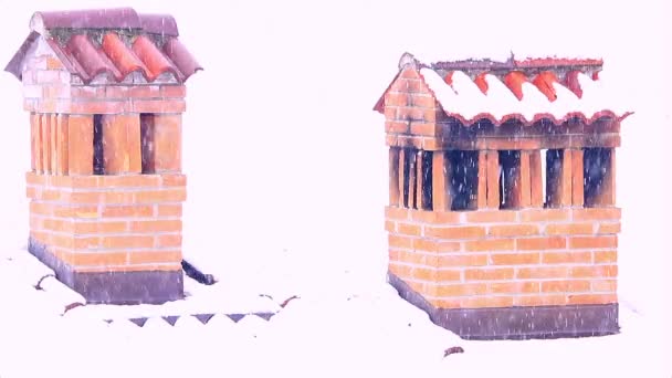 les cheminées d'une maison lors d'une forte chute de neige / les flocons de neige descendent épais et couvrent les cheminées d'une maison
 - Séquence, vidéo