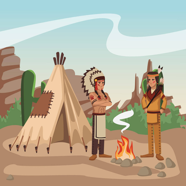 Guerreros indios americanos en la aldea
 - Vector, imagen