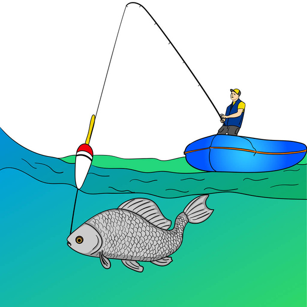 Objeto sobre fondo blanco hombre que pesca en mar abierto. Caricatura de pesca. Pescador en barco tirando de pescado
. - Vector, Imagen