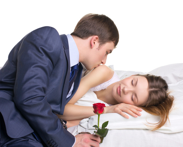 man, woman and red rose - Foto, Imagen
