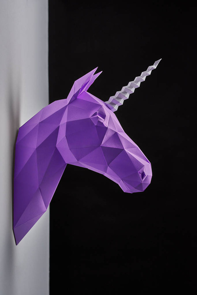 Pink unicorn on a black background. 3d model of a unicorn. Copy space - Fotoğraf, Görsel