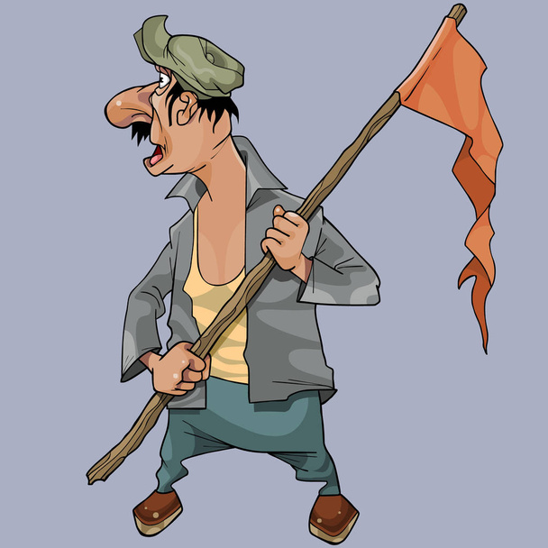 cartoon man with flag on stick looks back - Διάνυσμα, εικόνα