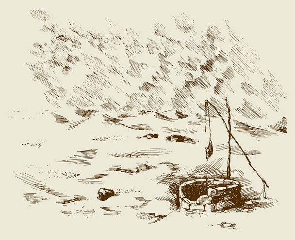 Muž a velbloudi na uschl dobře v poušti. Vektorové kreslení - Vektor, obrázek