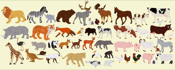Μια συλλογή των διαφόρων αγροτικών ζώων, της Αφρικής και της Αυστραλίας σε ανοιχτόχρωμο φόντο - Διάνυσμα, εικόνα