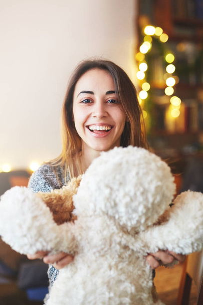 portrait of beauty woman with puppy toy - Photo, Image