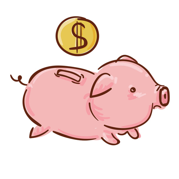 e:cute pink piggy bank with golden coin - Vector, Image