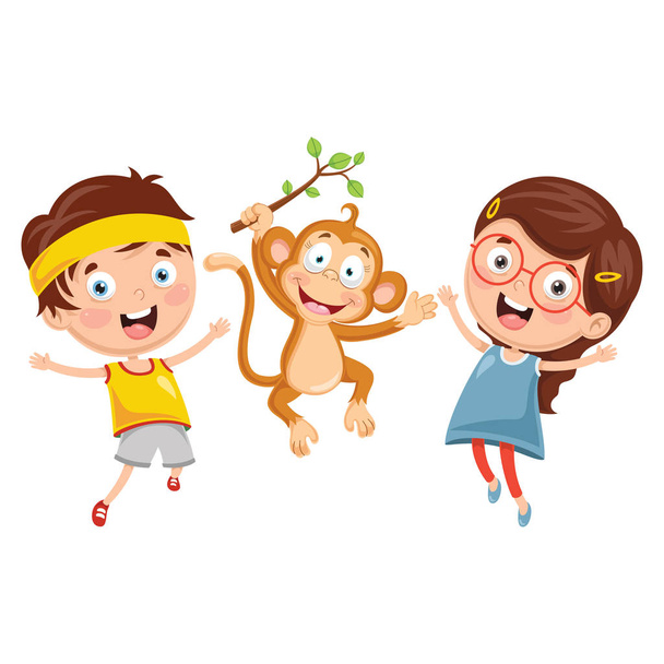 Ilustración vectorial de niños de dibujos animados con mono
 - Vector, imagen