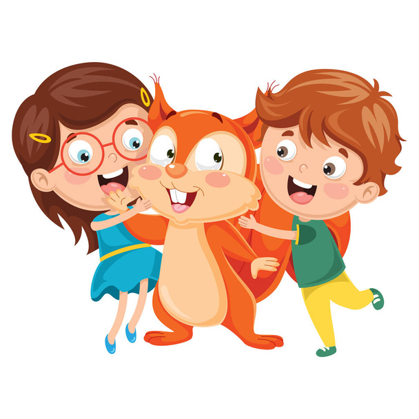 Vector Illustration Of Cartoon Kids With Squirrel - Vector, Image