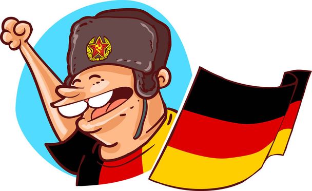 german supporter with ushanka hat and national flag russia 2018 world cup football fan cartoon style vector illustration germany national team fan - Vector, Image