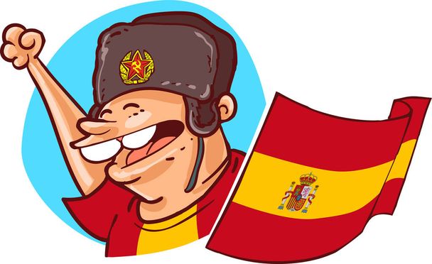 испанский болельщик с шляпой ушанки и национальным флагом России 2018 Кубок мира по футболу фанат мультфильма стиль векторной иллюстрации испанская сборная вентилятор
 - Вектор,изображение