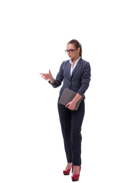 Young businesswoman pressing virtual button on white - Zdjęcie, obraz