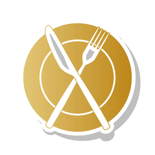 Tenedor, cuchillo y placa. Vector. Icono de gradiente dorado con wh
 - Vector, Imagen