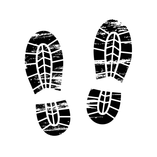 Empreintes et empreintes de chaussures icônes en noir et blanc montrant les pieds nus et l'empreinte des semelles avec les différents modèles de chaussures masculines et féminines avec des chaussures bottes
 - Vecteur, image