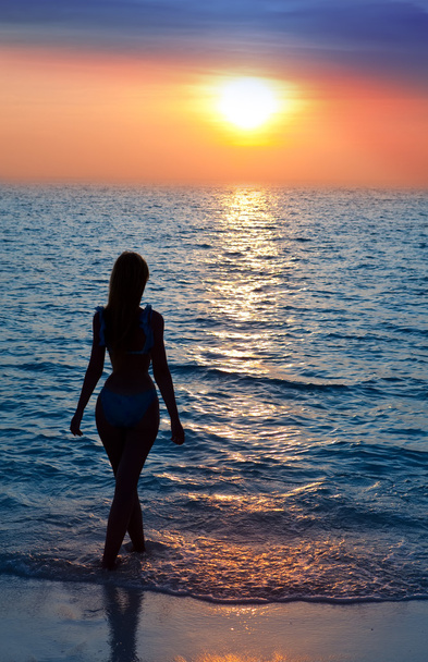 Silhouette of the sexual woman going at ocean towards to a sunset - Fotoğraf, Görsel