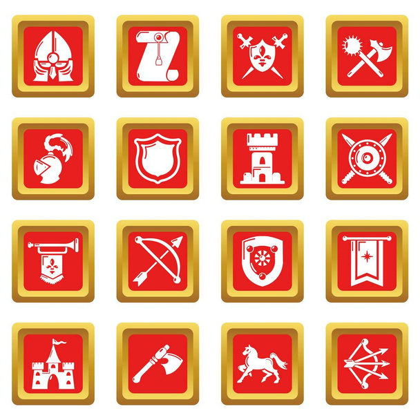 Knight medieval icons set red square vector - Vector, Image