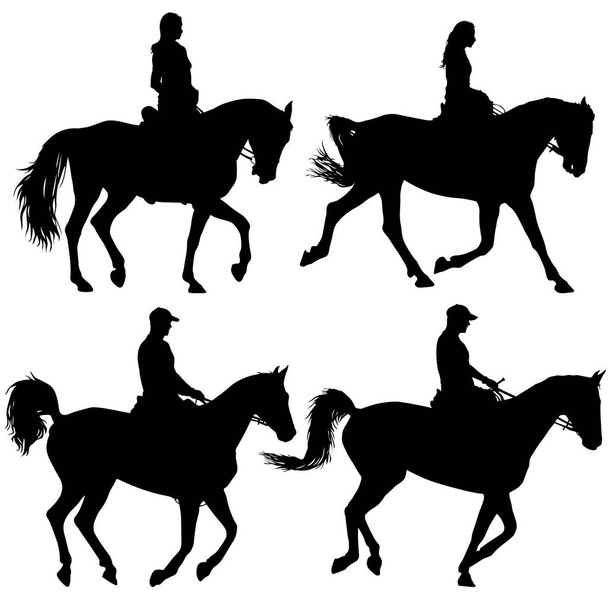 Set black silhouette of horse and jockey - Vector, Image